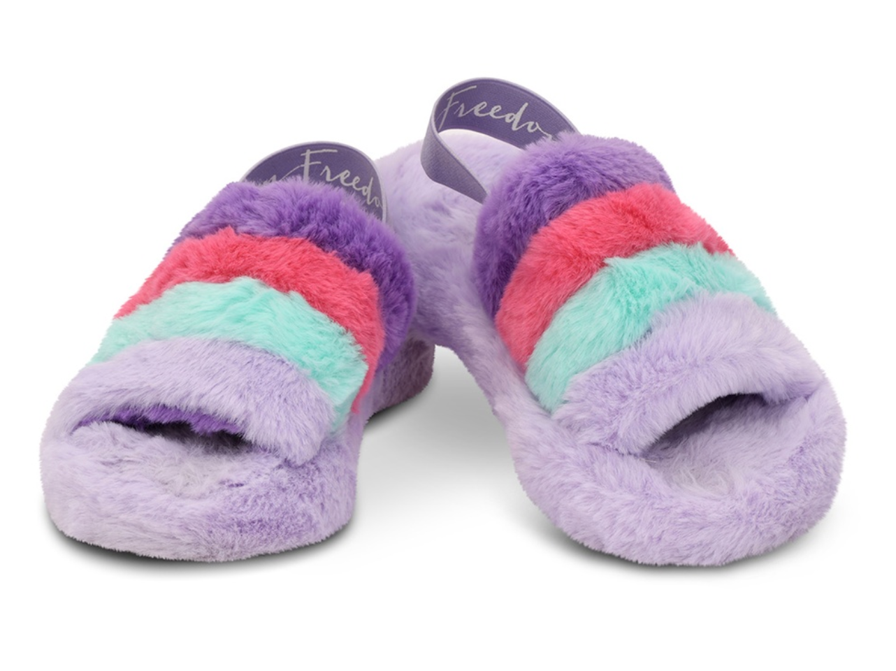 Purple, Pink, and Blue Furry Slippers