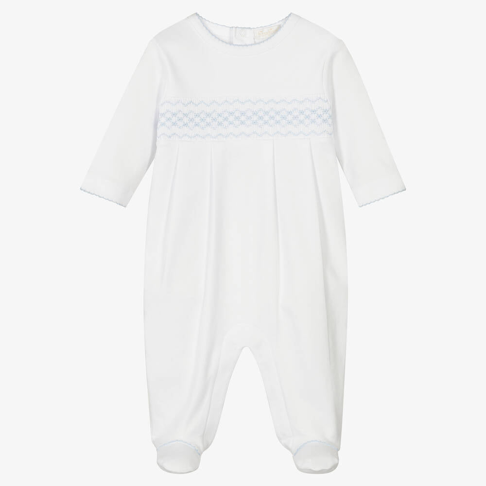 White Classic Footie with Blue Trim & Hand Smocking