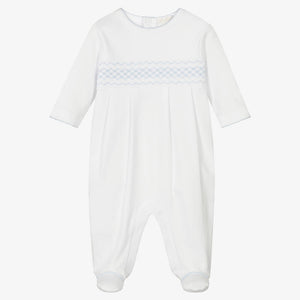 White Classic Footie with Blue Trim & Hand Smocking