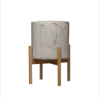 White Marble Stoneware Planter with Wood Stand