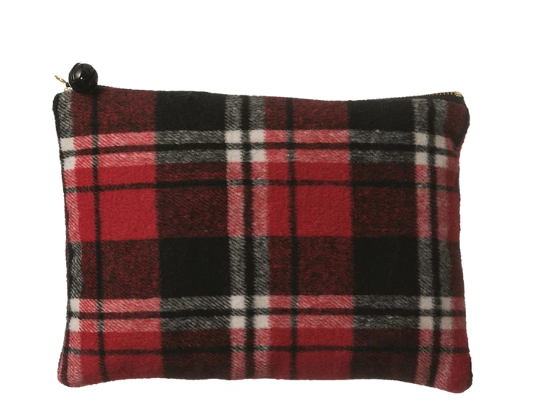 Plaid Fabric Zip Pouch with Jingle Bell Pull