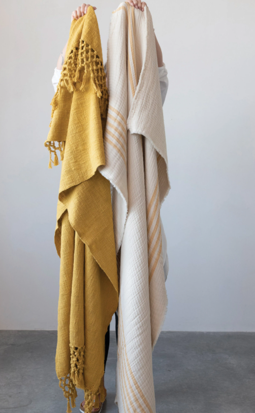 Natural and Mustard Color Throw with Stripes
