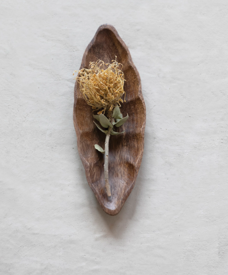 Hand-Carved Acacia Wood Leaf Shaped Dish
