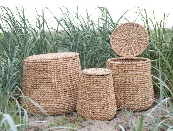 Beige Woven Water Hyacinth & Rattan Basket