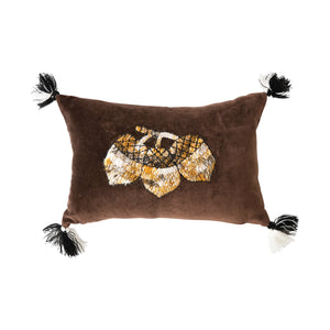 Brown Velvet Pillow with Embroidered Acorns
