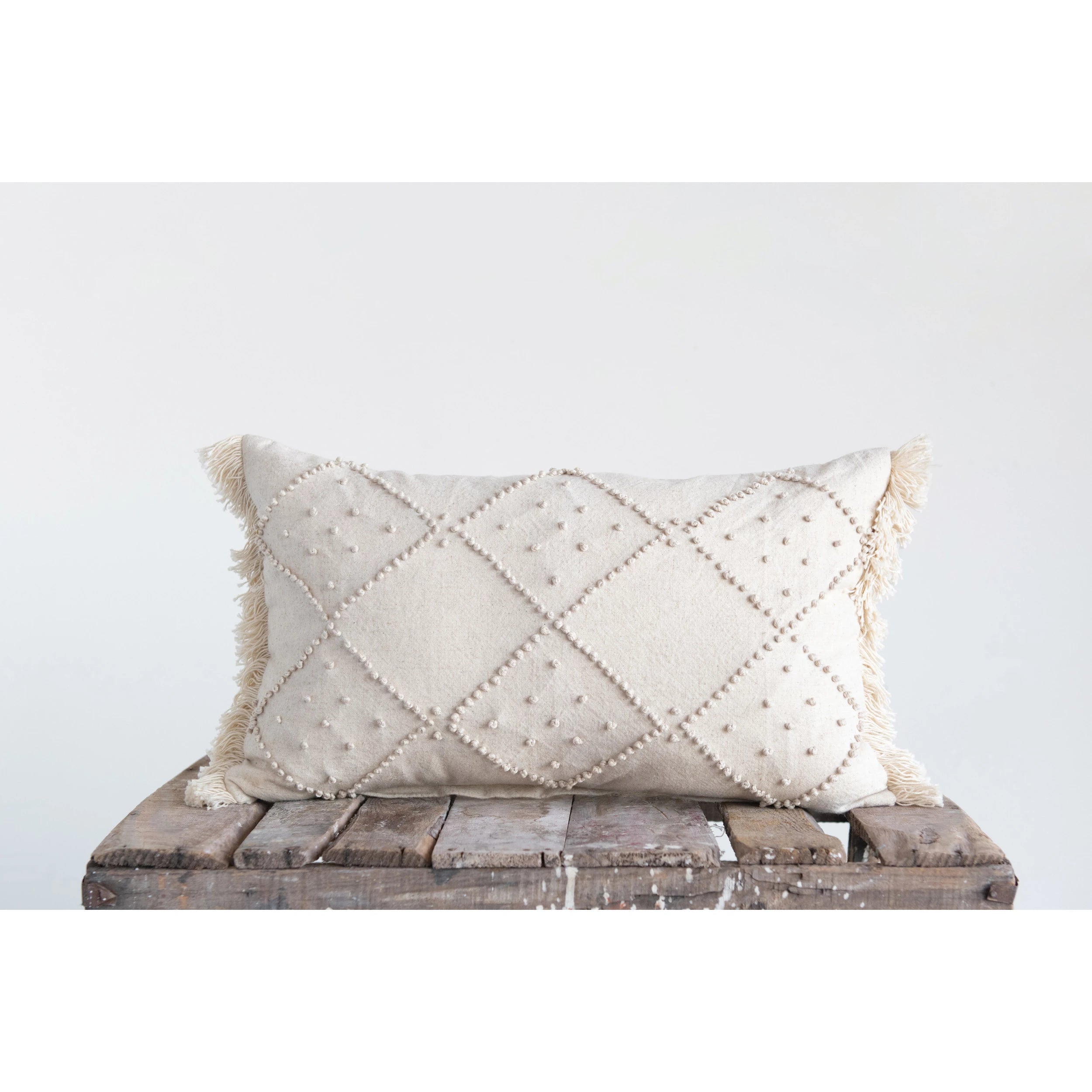 Cream Cotton & Linen Lumbar Pillow with French Knots