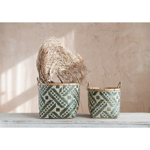 Natural and Green Bamboo Basket with Handles