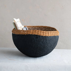 Black Paper Mache Bowl with Wicker Rim