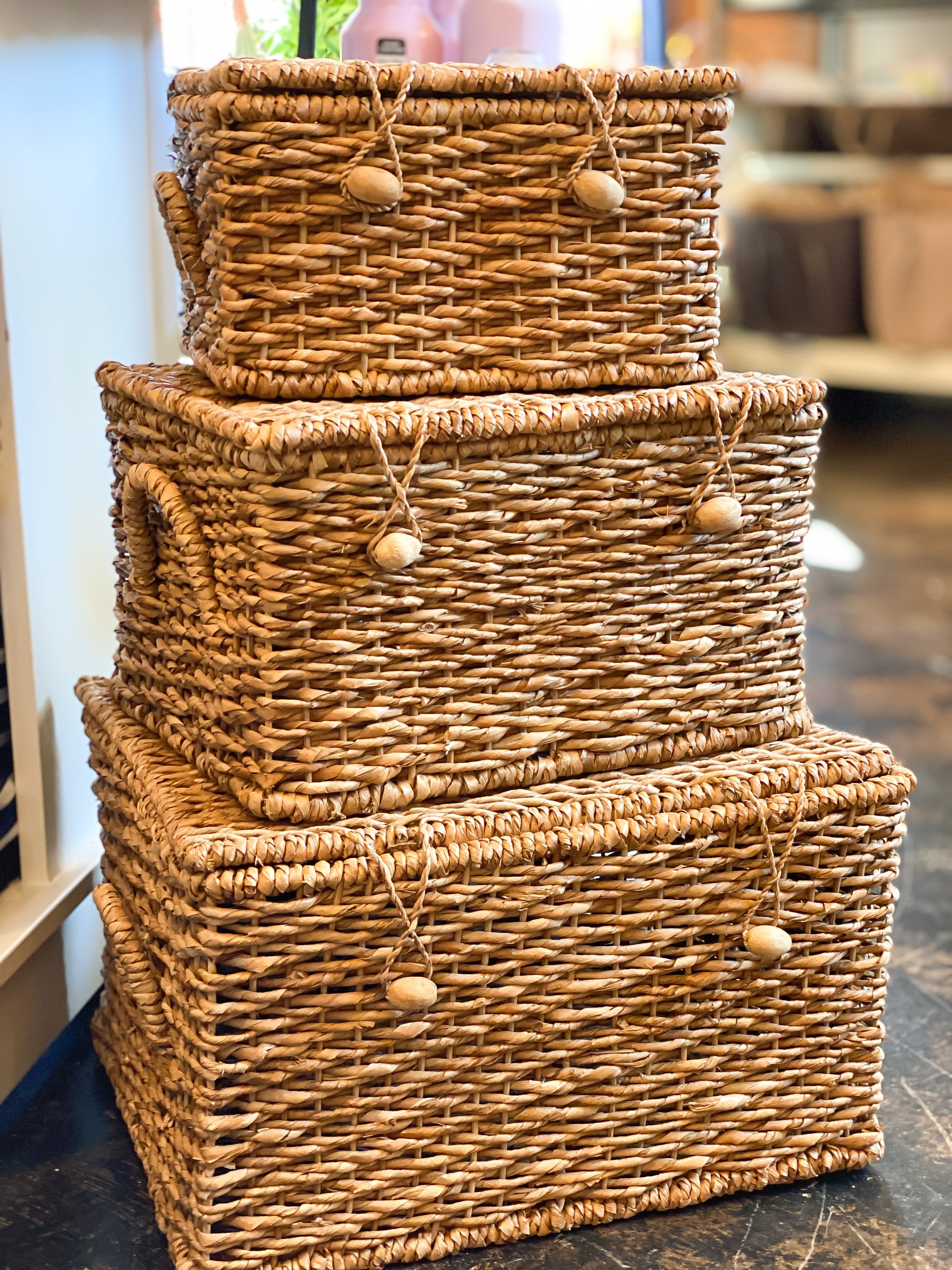Woven Water Hyacinth and Rattan Basket with Handle and Closure