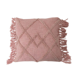 Cotton Blend Pink Pillow with Tufted Pattern and Fringe
