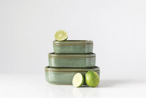 Green Stoneware Container with Lid